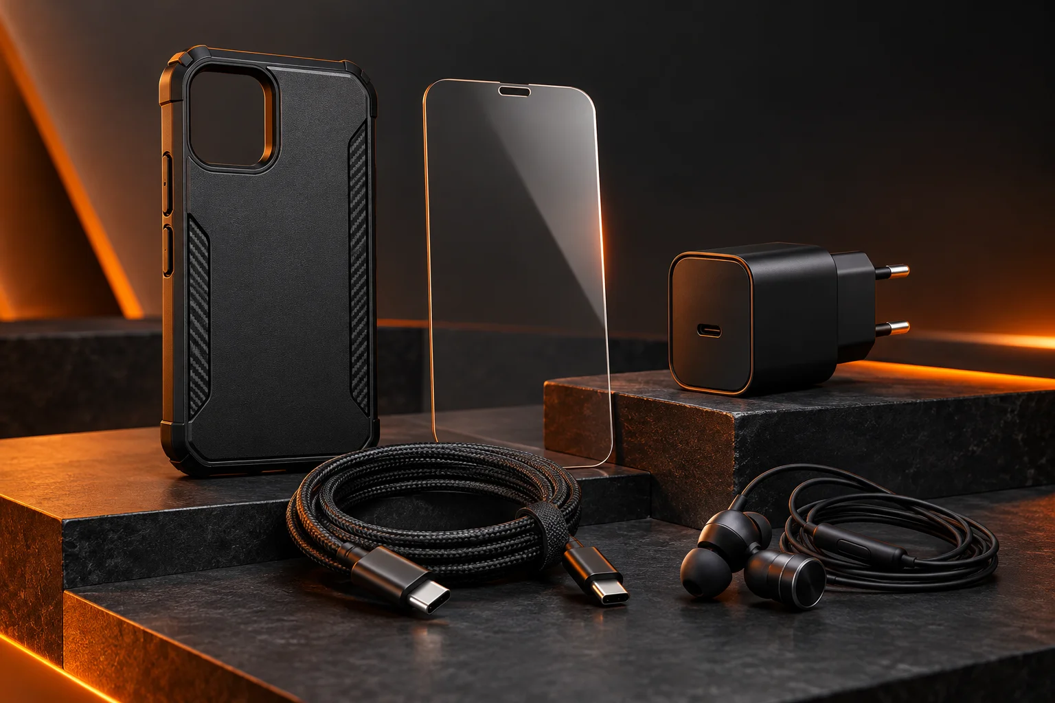 Illustration d’une coque, d’une protection d’écran, d’un chargeur, d’un câble et d’écouteurs