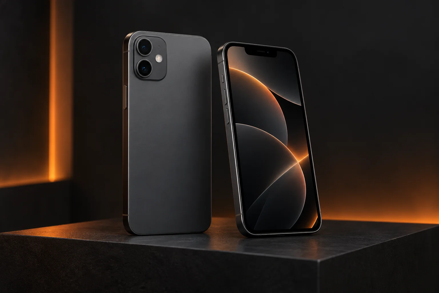 Illustration de deux smartphones dans un décor sombre aux reflets orange