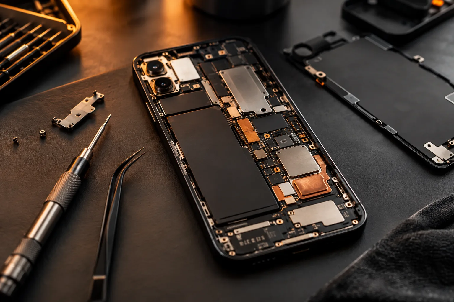Illustration d’un smartphone et d’outils de réparation de précision